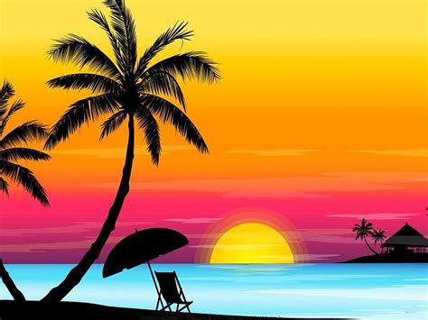 Sunset-in-the-tropics, beach, 3d, sun, colored, chair, sunset, sky, palms, HD wallpaper | Peakpx