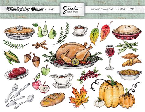 Thanksgiving Dinner Clip Art Set, Turkey, Pumpkins, Acorns, Laurel Leaf, Apple Pie, Wine ...