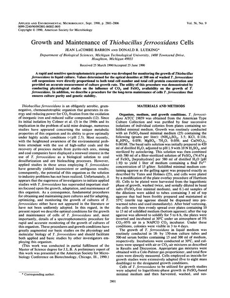 Growth and Maintenance of Thiobacillus ferrooxidans cells - APPLIED AND ENVIRONMENTAL ...