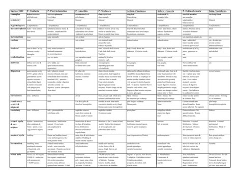 Animal Phyla Characteristics Chart