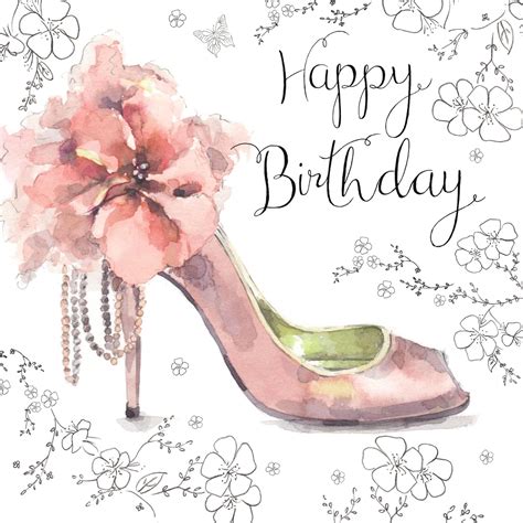 Twizler Happy Birthday Card for Her with Silver Foiling, Unique Watercolour Effect and Pink Shoe ...