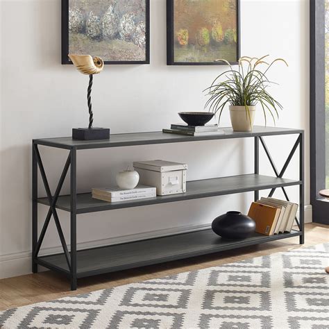 60 Inch Industrial Bookcase - Slate Grey, Black Metal at Futonland