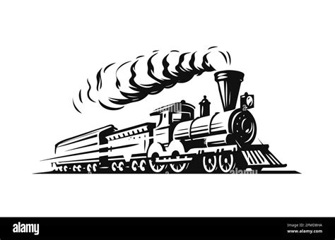 Moving retro steam locomotive. Vintage train emblem or symbol vector ...