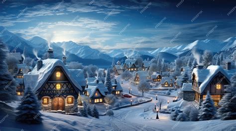 Premium Photo | A picturesque winter village with snowcovered cottages twinkling lights and a ...