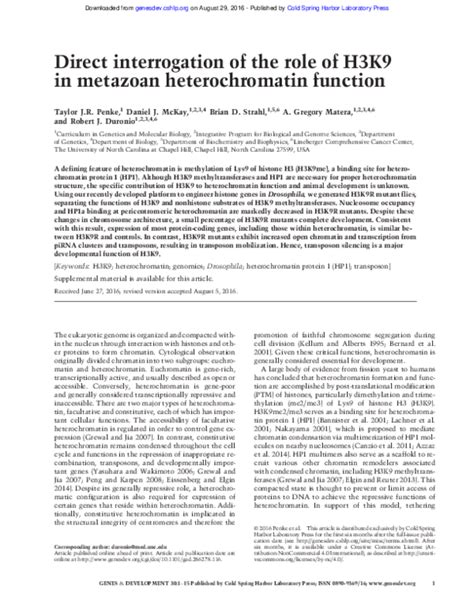 (PDF) Direct interrogation of the role of H3K9 in metazoan heterochromatin function | Brian D ...