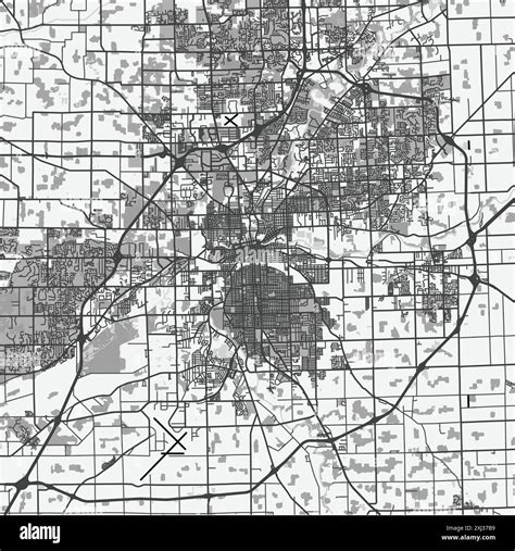 Map of Fort Wayne in Indiana in grayscale. Contains layered vector with roads water, parks, etc ...