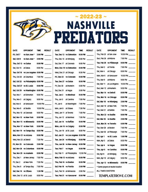 Printable 2022-2023 Nashville Predators Schedule