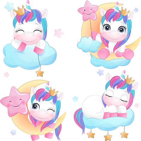 three cartoon unicorns with stars and moon in the sky, one is sleeping on a cloud