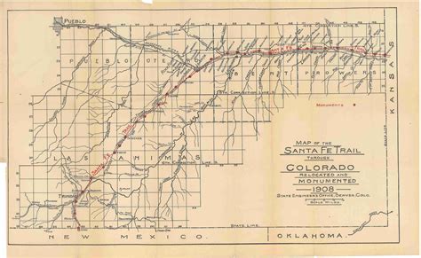 Map of the Santa Fe Trail through Colorado, relocated and MONUMENTED, 1908. Map by the State ...