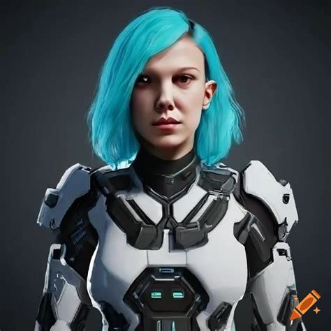 Millie bobby brown as a cyan-haired sci-fi girl in futuristic armor on Craiyon