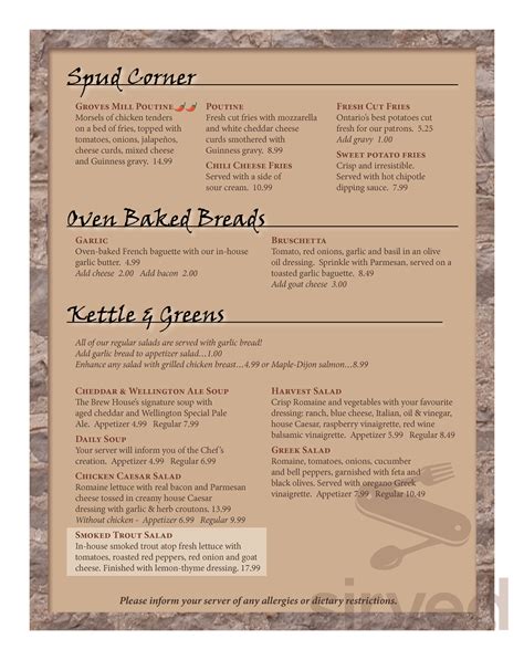 The Brew House menu in Fergus, Ontario, Canada