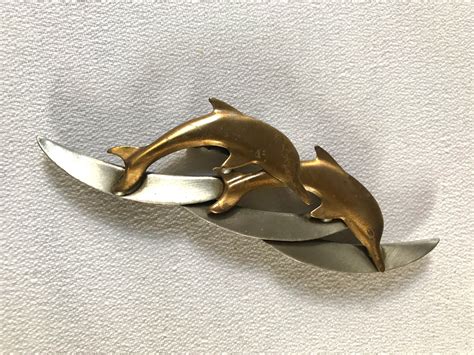 Auspicious Mid Century Double Dolphin Brooch, two tone dolphins jumping ...