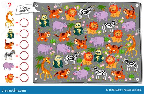 Math Education For Children. Count Quantity Of Animals In Zoo And Write Numbers. Developing ...