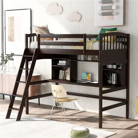 Harper & Bright Designs Espresso Wood Twin Size Loft Bed with Storage Shelves and Desk, Brown ...