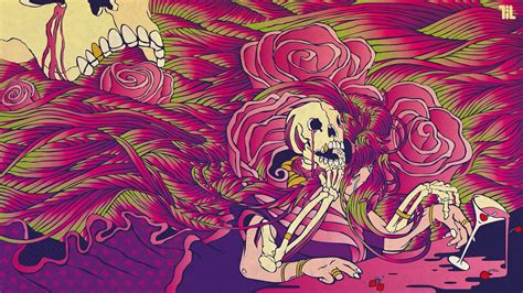 skull, berries, sake, psychedelic art, roses, glass, skeleton, flowers, acid, 2K HD Wallpaper