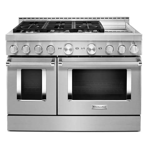 KitchenAid 48-inch 6.3 cu. ft. Smart Double Oven Commercial-Style Gas Range with Griddle a ...