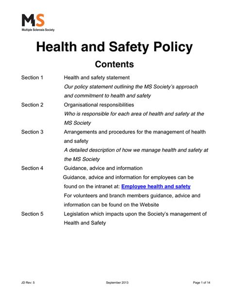 Health and Safety Policy - download free documents for PDF, Word and Excel