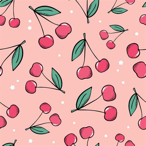 seamless pattern with cherry and stars on pink background. 90's aesthetic textile print ...