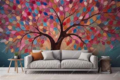 Premium AI Image | A colorful tree is painted on a wall in a living room.