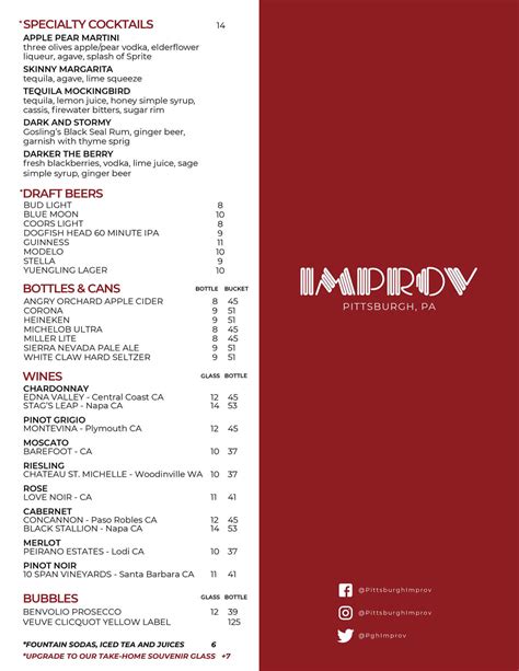 Pittsburgh Improv Food and Drink Menus