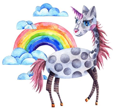 Watercolor Unicorn, Rainbow and Clouds Stock Illustration - Illustration of card, clouds: 169320431