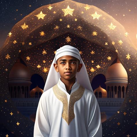 Premium Photo | Photo of a muslim boy wearing white clothes and a prayer cap in front of a ...