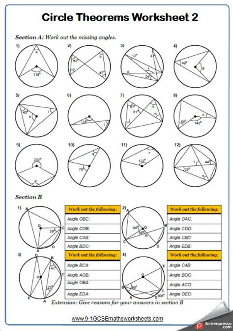 Angles in Circles A Maths Worksheet and Answers 9-1 GCSE Higher Grade 6 Year 10 | Circle ...