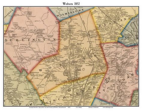 Woburn 1852 Old Town Map With Homeowner Names Massachusetts Horn Pond Reprint Genealogy Boston ...