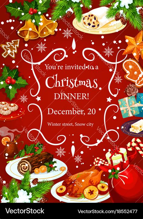 Christmas dinner invitation with festive dishes Vector Image