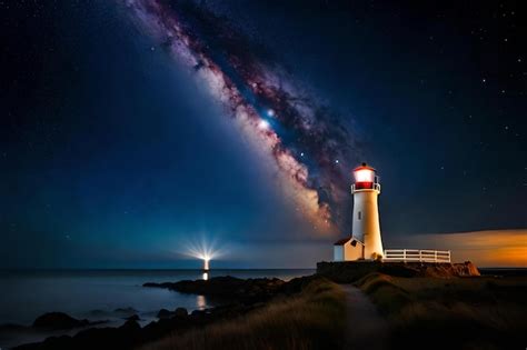 Premium Photo | A lighthouse on a dark night with a light in the middle ...