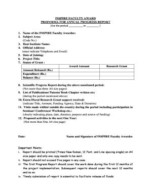 INSPIRE FACULTY AWARD PROFORMA FOR ANNUAL PROGRESS REPORT - Inspire-dst Gov - Fill and Sign ...