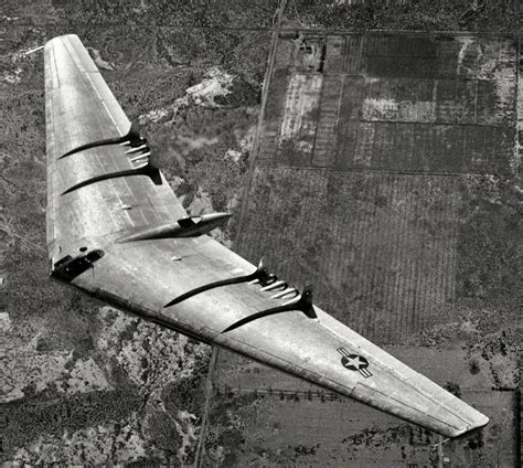 1948. Aerial view of U.S. Air Force's 100-ton Northrop Flying Wing YB-49 jet bomber in flight ...