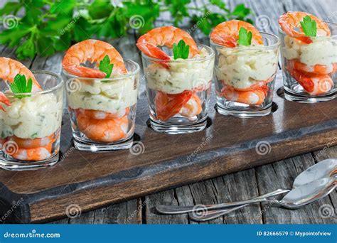 Cocktail Shrimp Shot Glasses on Dark Wooden Tray Stock Image - Image of ...