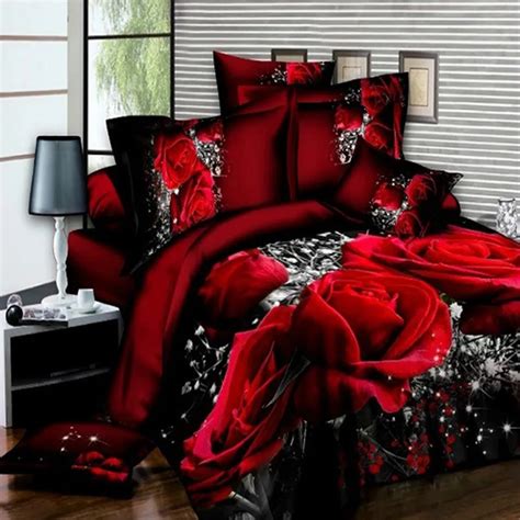 3D Bedding Set Red Rose Print Cotton Duvet Cover Set Lifelike Bedclothes Pillowcase Bed sheet ...