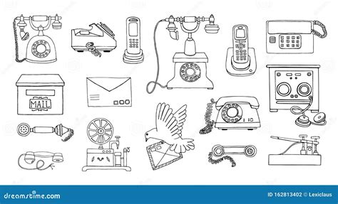 Vector Vintage Means of Communication Line Drawing Set. Retro Black and White Collection of ...