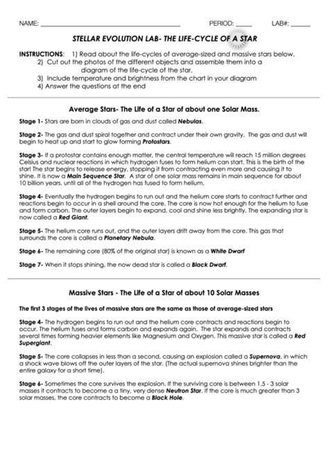 Stellar Evolution Lab - The Life-Cycle Of A Star Worksheet printable ...