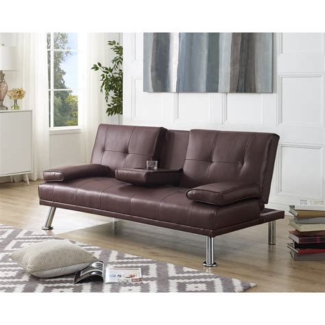 Buy Futon Sofa Bed Futon Couch with Armrest and Cupholders Faux Leather Sofa Bed Couch ...