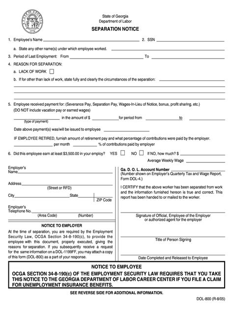 Department Of Labor Separation Notice Fillable Form - Printable Forms Free Online