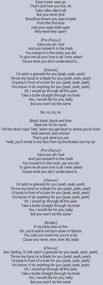 Bruno Mars . Grenade | Cool lyrics, Song lyric quotes, Music lyrics