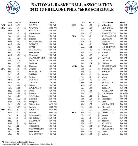 76ers Printable Schedule