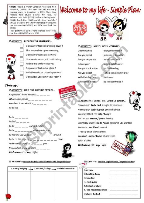 Welcome to my life - Simple Plan - ESL worksheet by Krysstl