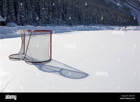 Hockey Net On Outdoor Ice Rink; Lake Louise, Alberta, Canada Stock ...