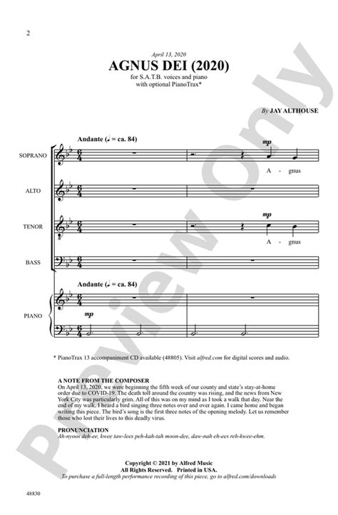 Agnus Dei 2020: SATB Choral Octavo: Jay Althouse - Digital Sheet Music ...