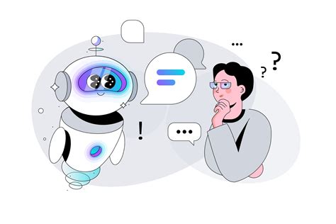 A Man asks a Question to Artificial Intelligence Bot. Chatbot in the form of a cute Robot ...