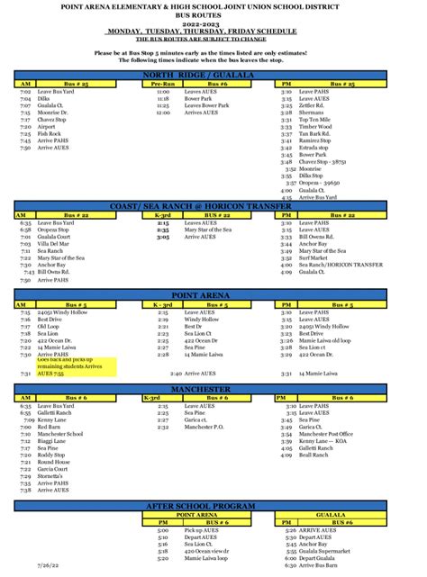 Bus Schedules - Point Arena Schools