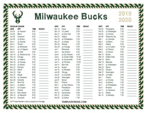 Printable 2019-2020 Milwaukee Bucks Schedule