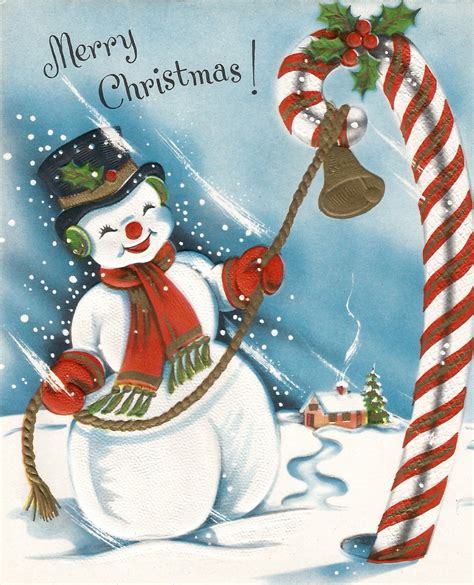 Vintage Christmas card snowman and candy cane digital download