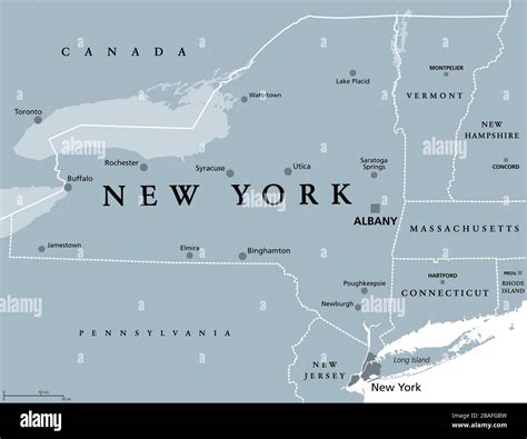 New York State (NYS), gray political map, with capital Albany, borders ...