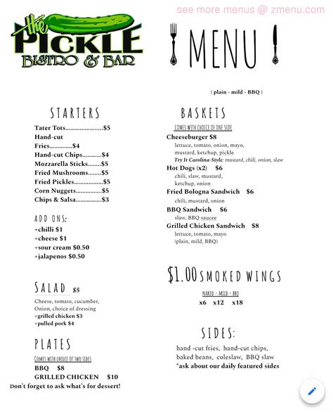 Online Menu of The Pickle Bistro and Bar Restaurant, Dallas, North ...