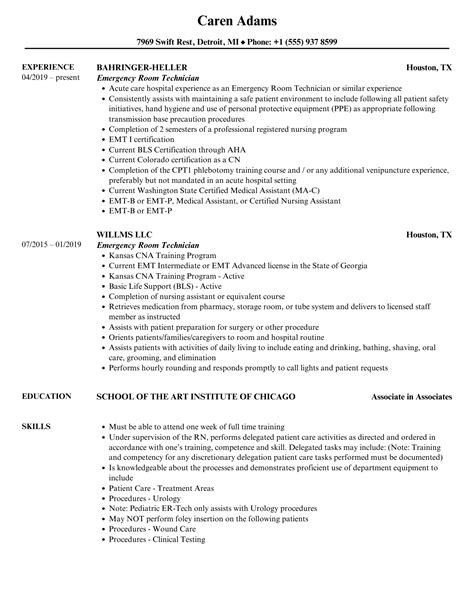 Emergency Room Technician Resume Samples | Velvet Jobs